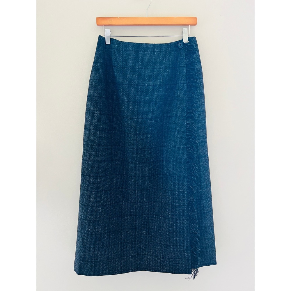Harve Benard Sport Vintage 100% Wool Fringe Midi Wrap Skirt Plaid Grey Blue 10